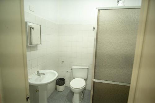 a small bathroom with a toilet and a sink at Hotel Virginia in Linhares