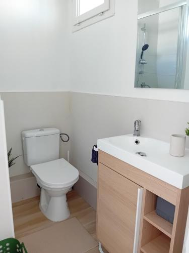 une salle de bain avec toilettes et lavabo dans l'établissement La Baie de Tamaris Appartement 4 couchages proche plage, à La Seyne-sur-Mer