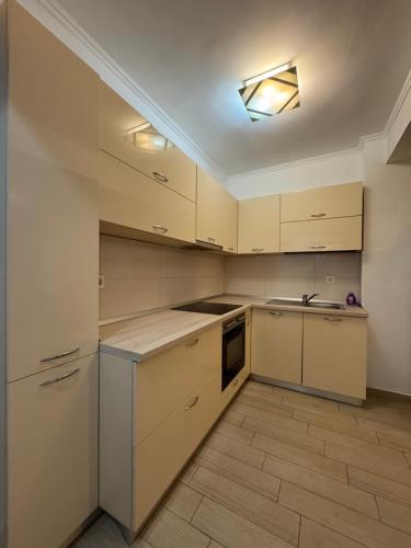 eine leere Küche mit weißen Schränken und einem Waschbecken in der Unterkunft Central Modern Apartment in Oradea