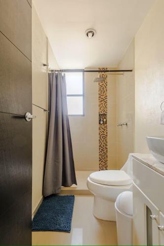 a bathroom with a toilet and a sink and a shower at Shinyado CDMX in Mexico City