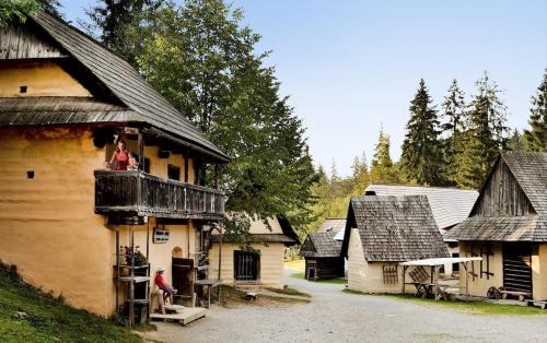 a group of buildings with people sitting on a balcony at Chalupa Borovka in Vitanová