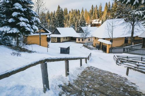 a group of buildings with snow covered roofs at Chalupa Borovka in Vitanová