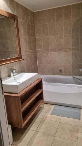 une salle de bain avec une baignoire et un lavabo et une baignoire dans l'établissement T2, Proche centre, parking privée, à Isola