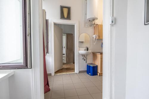 维也纳Superb 2BR Apt Very Spacious At the Millenium Tower的客房内设有带水槽和卫生间的浴室