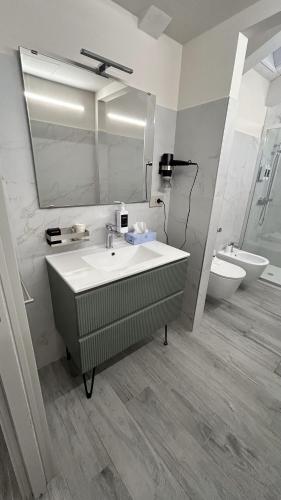 a bathroom with a sink and a mirror and a toilet at Baratà Apartments 4 in Savigliano