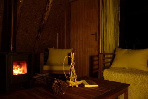 a room with a fireplace and a bed and a table at Refugio de Montaña Patagonia, pesca, trekking, miradores in Llanada Grande