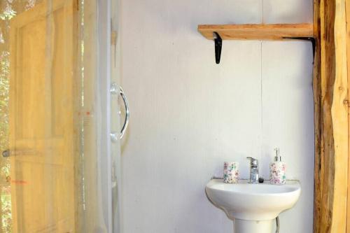 a bathroom with a white sink and a shower at Refugio de Montaña Patagonia, pesca, trekking, miradores in Llanada Grande