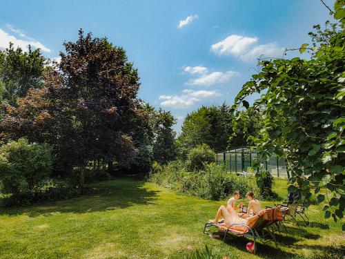 two people sitting on a blanket in the grass at B&B BienViennue in Marcilly-sur-Vienne