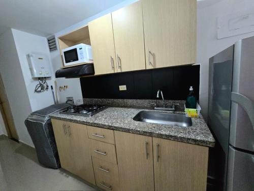 a small kitchen with a sink and a microwave at Cálido y moderno lugar Sabaneta in Sabaneta