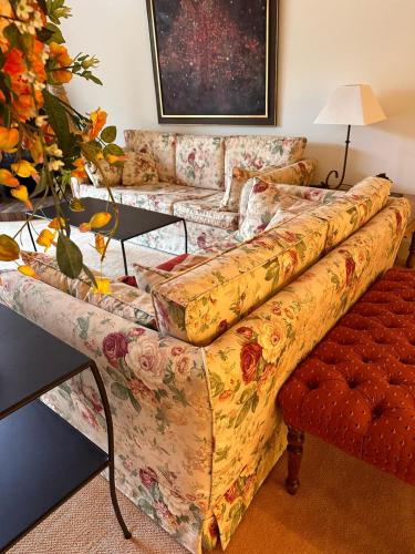 a living room with a couch with a flower pattern at Chalet La Forestière in Saint-Paul-en-Chablais