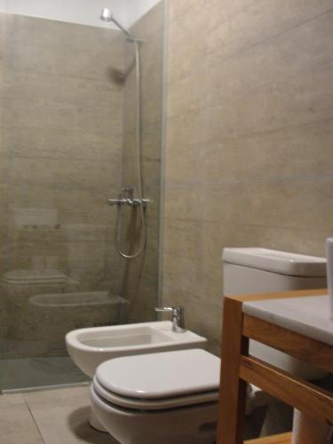 a bathroom with a shower and a toilet and a sink at Casa Huarpes MDP en Bosque Peralta Ramos in Mar del Plata