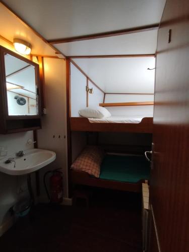 a small bathroom with a sink and a bunk bed at Jacob in Ribeira da Barca