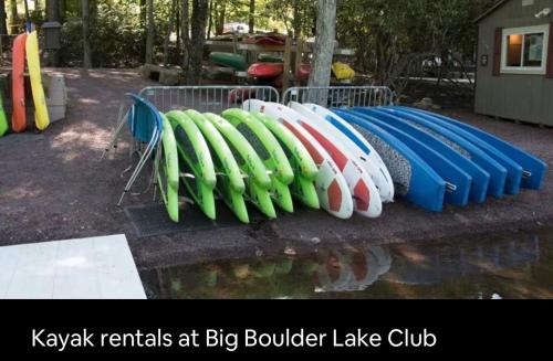 a bunch of surfboards are lined up in a rack at On Lake Time in Lake Harmony