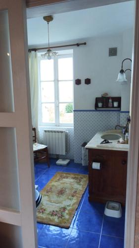 - une cuisine avec un évier et un sol bleu dans l'établissement Art Cottage, à Pontlevoy