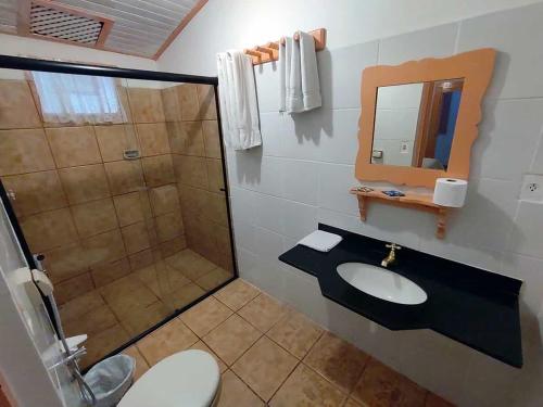 a bathroom with a shower and a toilet and a sink at Pousada Pouso do Frade in Pirenópolis