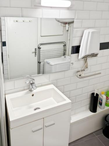 une salle de bain blanche avec un lavabo et un miroir dans l'établissement Appartement cosy cœur d'Aurillac, 2 lits, Wifi, à Aurillac