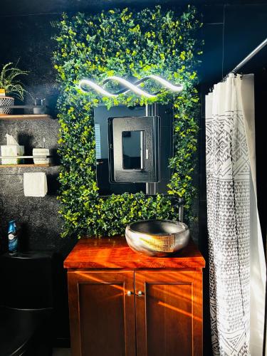 a tv sitting on top of a wooden cabinet in a bathroom at The Greenhouse Effect in Corpus Christi
