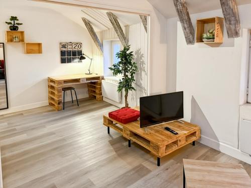 a living room with a television and a table at Appartement Le Puy Courny, 2 lits, 28m2, wifi in Aurillac