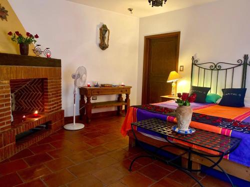 a living room with a bed and a fireplace at Casa de los Santos in Guanajuato