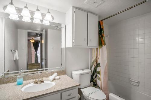 a bathroom with a sink and a toilet and a mirror at Towne Plaza Apartments 114 - 7 km from FIFA Fest in Houston