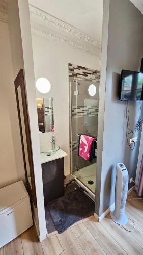 une salle de bain avec une douche avec un lavabo et un miroir dans l'établissement Chambre style hôtelière dans logement partagé, Le Pepsy Paris & Stade de France, à Épinay-sur-Seine