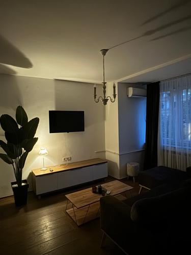 un soggiorno con un divano e una TV di Mother Teresa Apartment a Skopje