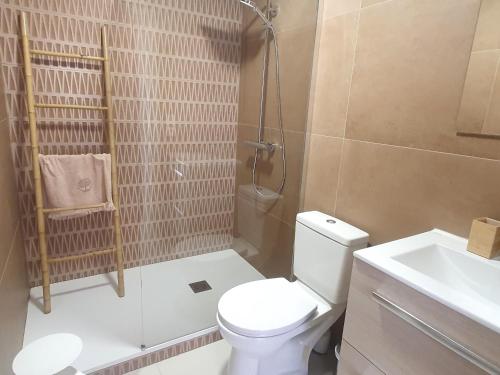 une salle de bain avec toilettes, douche et lavabo dans l'établissement Appartement 3 pièces climatisé avec terrasse et piscine privée à Sainte-Maxime - FR-1-780-33, à Sainte-Maxime