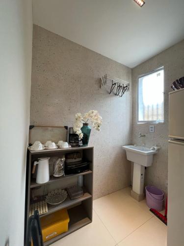 a bathroom with a sink and a shelf with flowers at Recanto da felicidade in Teresina