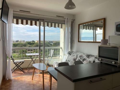 d'un salon avec un canapé et une vue sur un balcon. dans l'établissement Appartement T1 lumineux avec balcon et vue sur étang à Balaruc-les-Bains - FR-1-553-295, à Balaruc-les-Bains