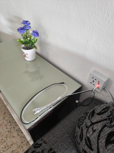 a table with a sink and a vase with flowers on it at LittleBee Homestay KT in Kota Tinggi