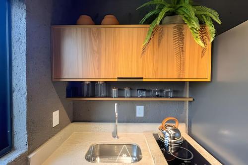 une cuisine avec un évier et un plan de travail dans l'établissement Gamboa Patacho - Refúgio exclusivo a apenas 150 metros da paradisíaca Praia do Patacho, à Porto de Pedras