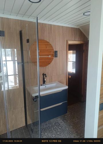 a bathroom with a sink and a wooden wall at Kangru Holiday Home in Vanamõisa