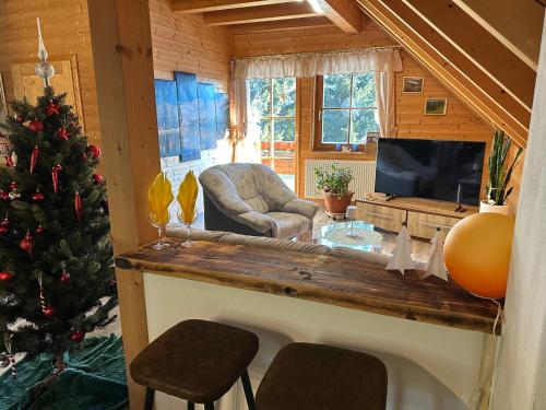 a living room with a christmas tree and a television at Apartments Schrim in Fiegler
