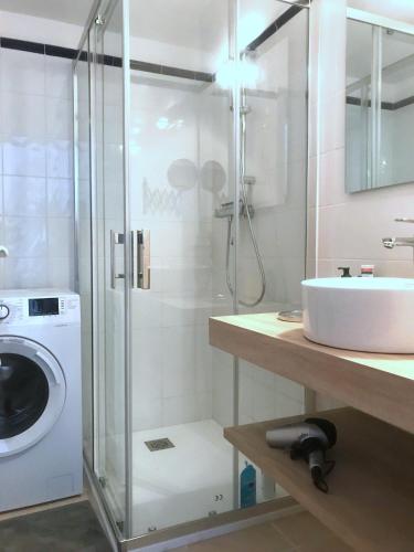 une salle de bain avec une machine à laver et un lavabo dans l'établissement COQUET MAS A GIGARO, à La Croix-Valmer