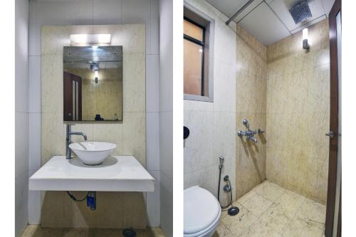 two pictures of a bathroom with a sink and a toilet at Hotel Devanshi & Banquets by Classy Stay in Navi Mumbai