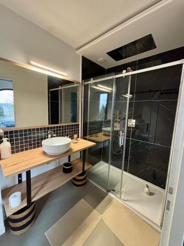 une salle de bain avec un lavabo et une douche dans l'établissement La Corniche, Villa d'architecte avec piscine, 2mn mer à Houlgate, à Houlgate