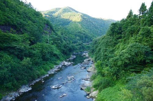 a river in the middle of a valley with trees at Miyama KAYA Villa in Nantan city