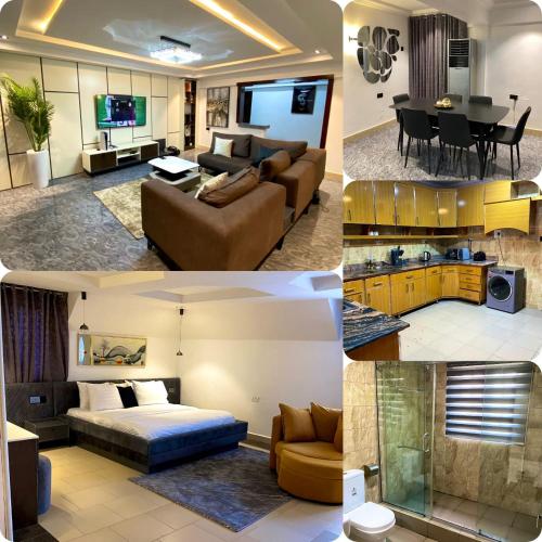 a collage of pictures of a living room and a dining room at LON Apartments by ijeLINK in Dakibiu