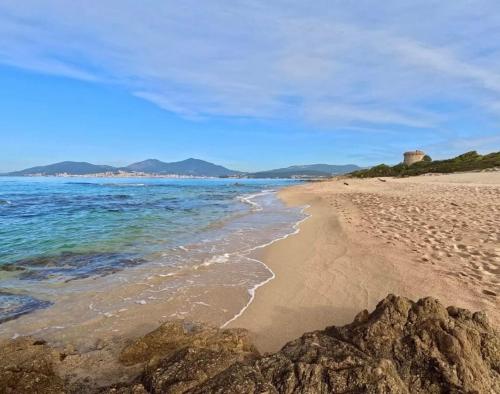 une plage de sable avec des rochers et l'océan dans l'établissement T2 duplex en RDC, à Bastelicaccia