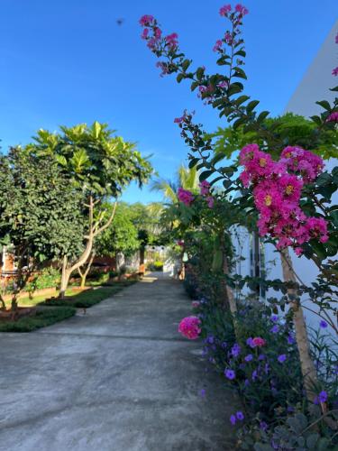 a walkway with flowers on the side of a road at Huyen's Home in Ba Ria