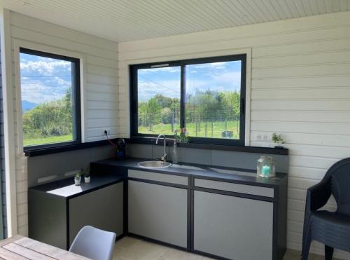 une cuisine avec un évier et deux fenêtres dans l'établissement Gîte à la ferme, à Saint-Martin-de-Seignanx