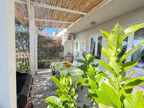 a patio with a table and some green plants at Aria di Mare in Àrbatax