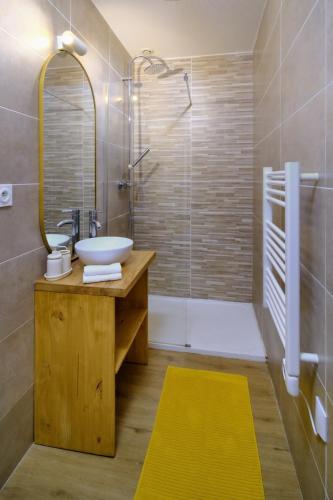 une salle de bain avec un lavabo, un miroir et une douche dans l'établissement Le Marty, T2 inoubliable, confort et style, à Vienne
