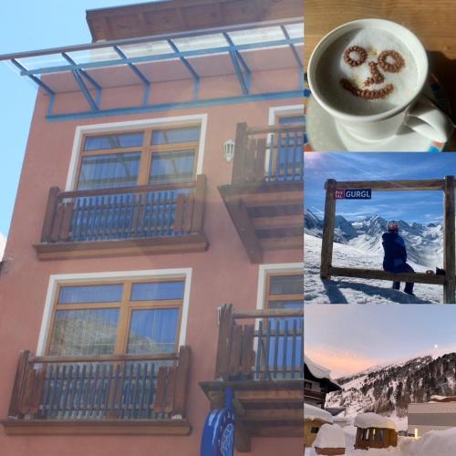a collage of photos of a building with a cup of coffee at Appartement Gurgl in Obergurgl