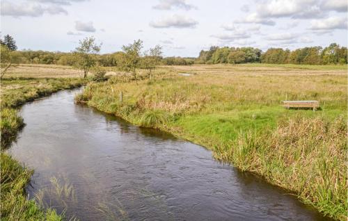 a bench sitting next to a river in a field at Beautiful Home In Hovborg With Wifi in Hovborg