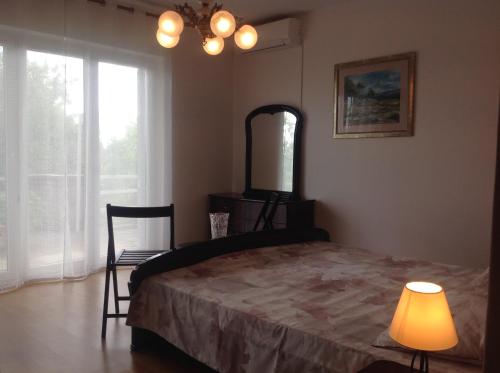 a bedroom with a bed with a mirror and a lamp at Apartment Paris with jacuzzi and sea view in Šmrika