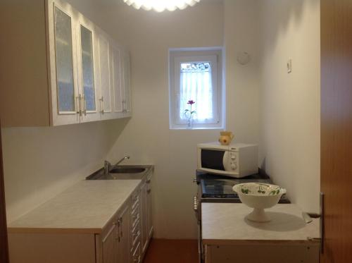 a kitchen with a sink and a microwave at Apartment Paris with jacuzzi and sea view in Šmrika