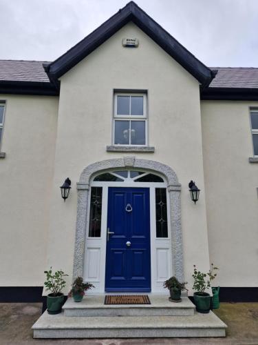 a white house with a blue door at Silvi's Guest House B & B Borris Carlow in Lissalican