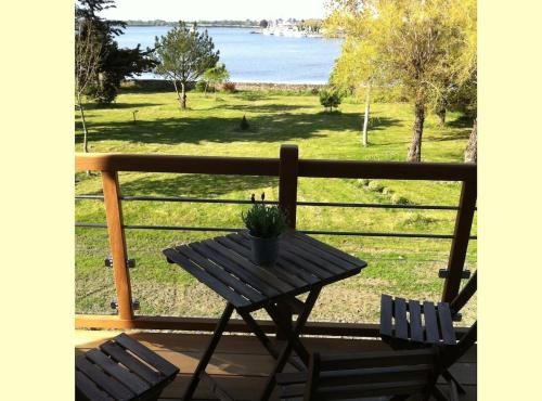 une table avec une plante en pot assise sur une terrasse couverte dans l'établissement Manoir de Larmor, à Vannes