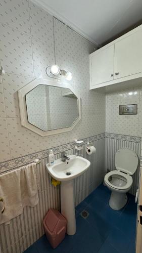 ein Badezimmer mit Waschbecken, Toilette und Spiegel in der Unterkunft Departamento frente al mar entre Guemes y Olavarria in Mar del Plata